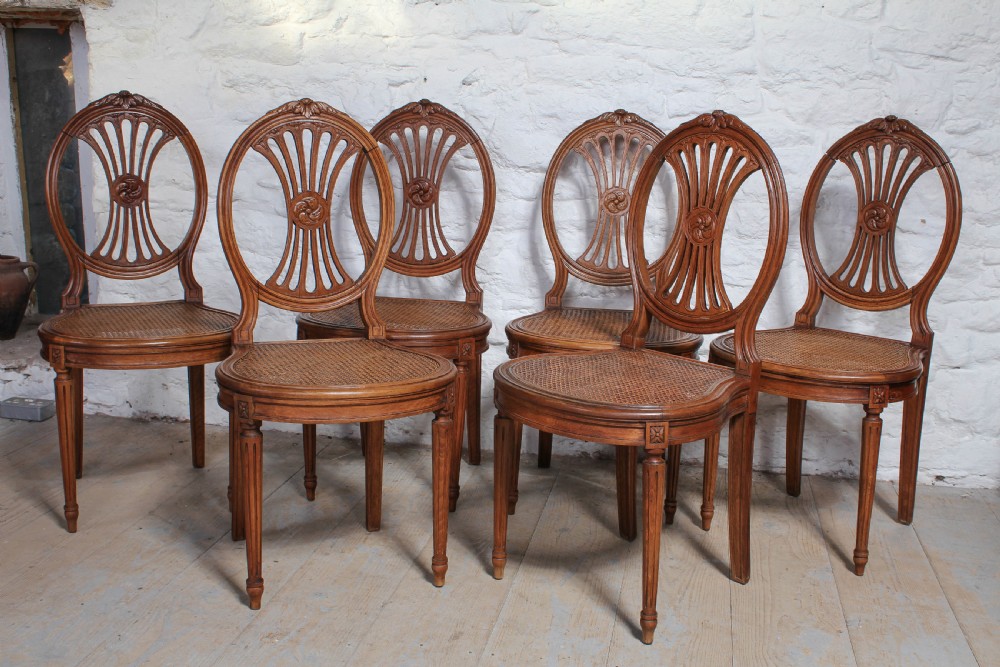 Set of six pretty French walnut caned chairs