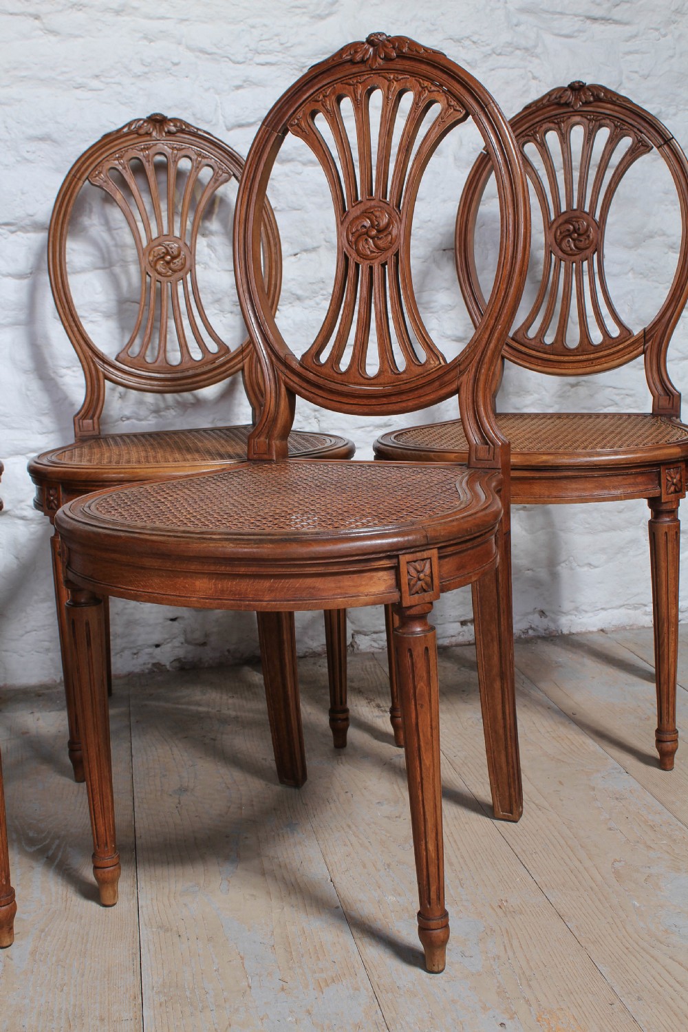 Set of six pretty French walnut caned chairs View II