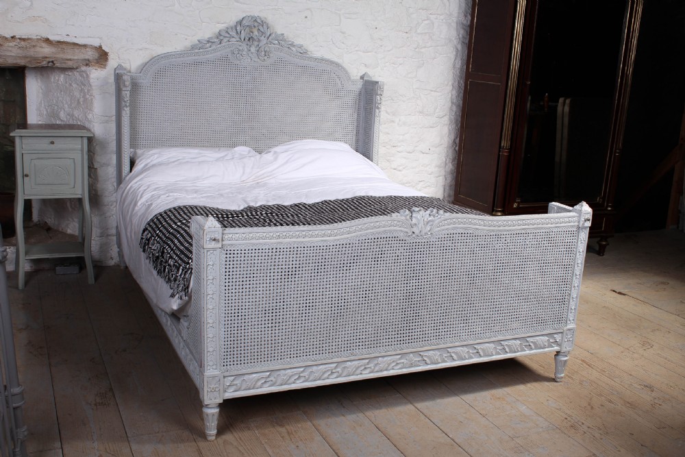 Gorgeous painted carved and caned French king size bergere bed
