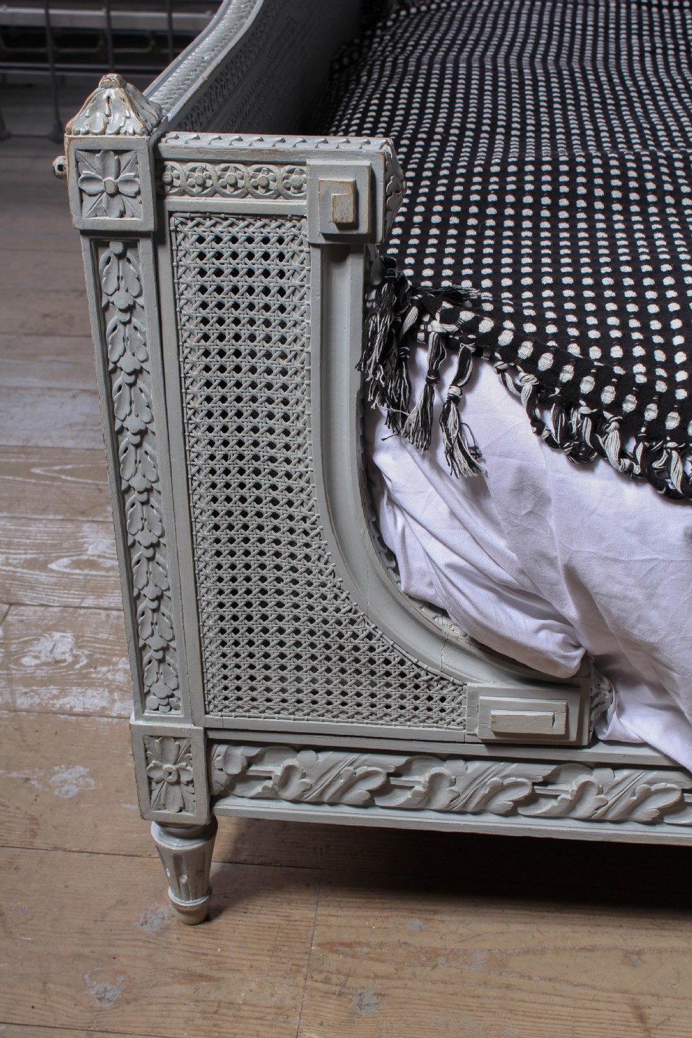 Gorgeous painted carved and caned French king size bergere bed View III