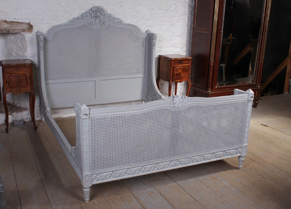 Gorgeous painted carved and caned French king size bergere bed View IV