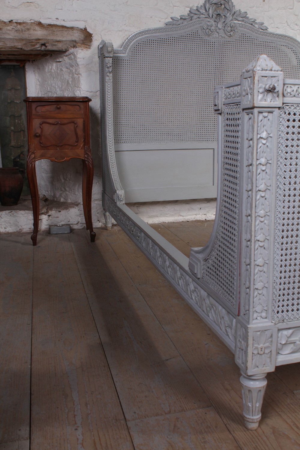Gorgeous painted carved and caned French king size bergere bed View V