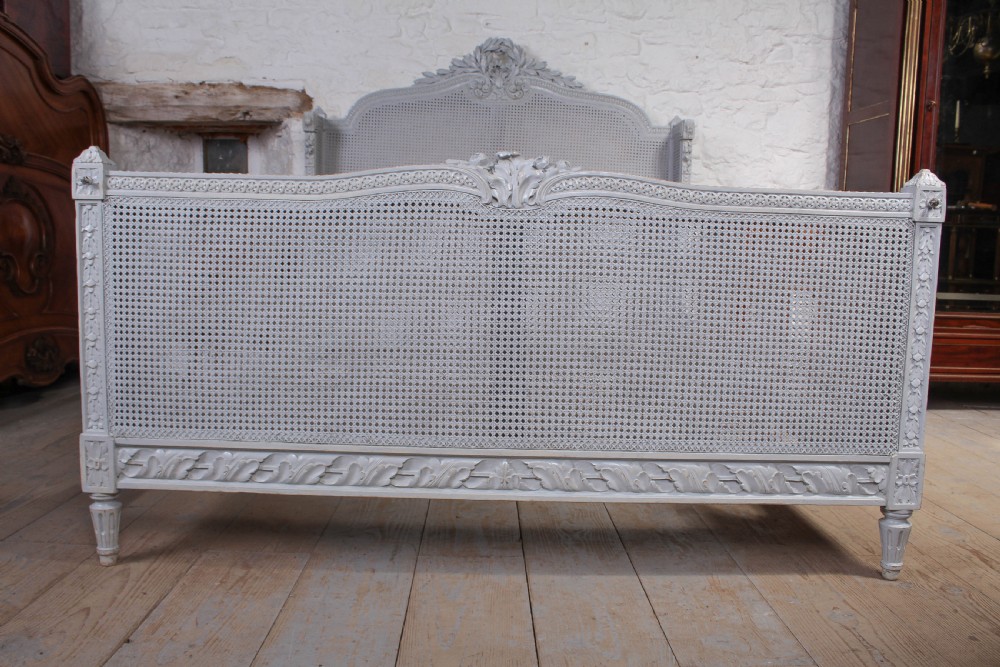 Gorgeous painted carved and caned French king size bergere bed View VI