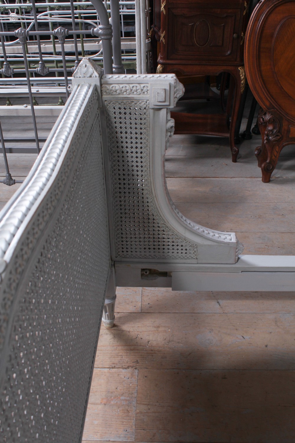 Gorgeous painted carved and caned French king size bergere bed View IX