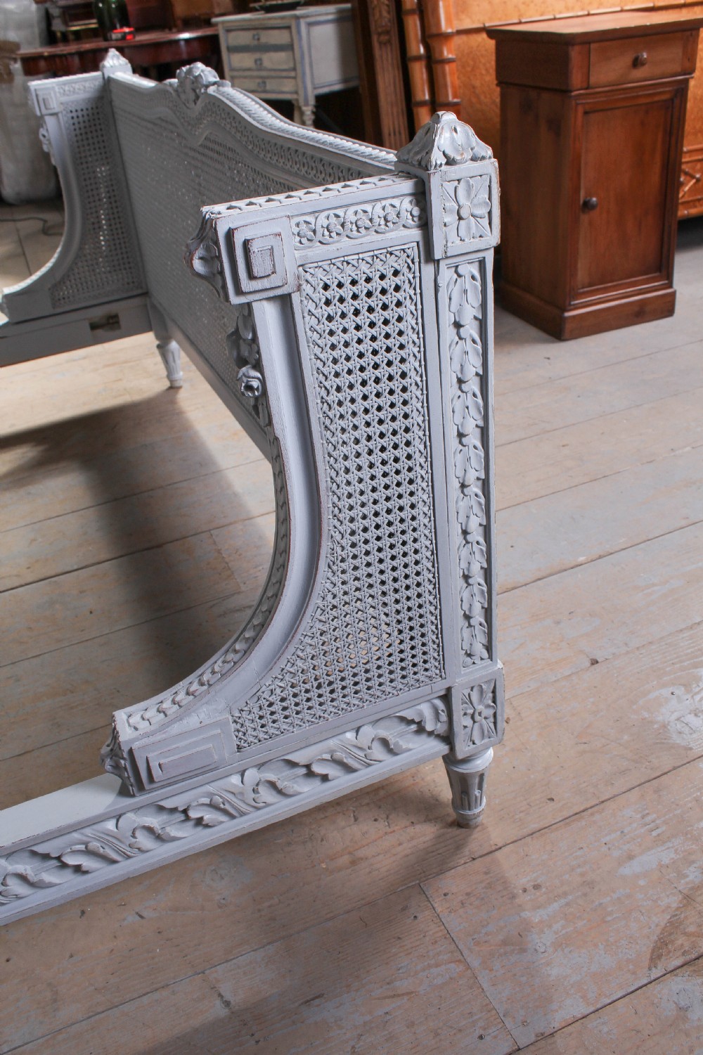 Gorgeous painted carved and caned French king size bergere bed View X