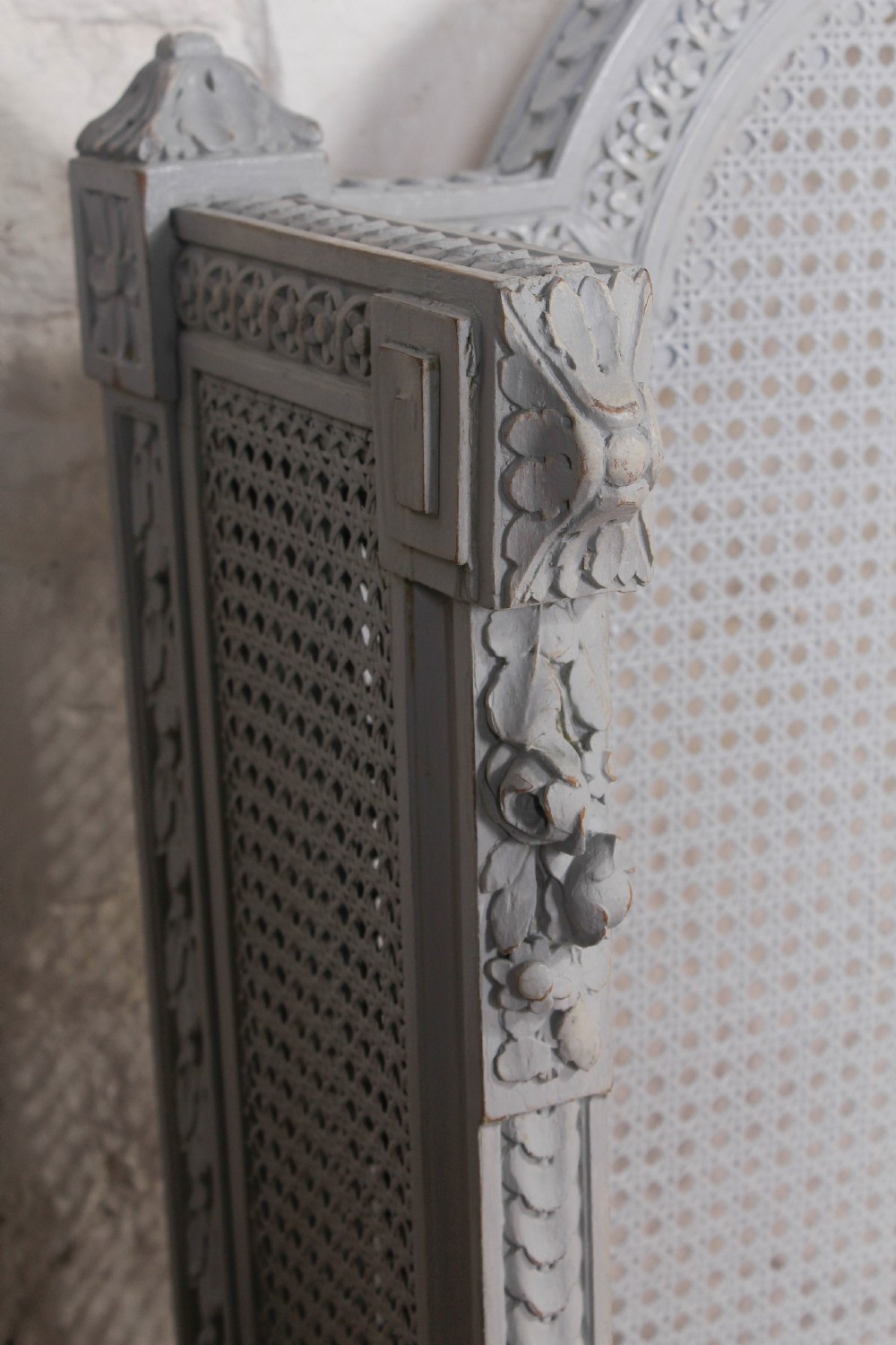 Gorgeous painted carved and caned French king size bergere bed View XI