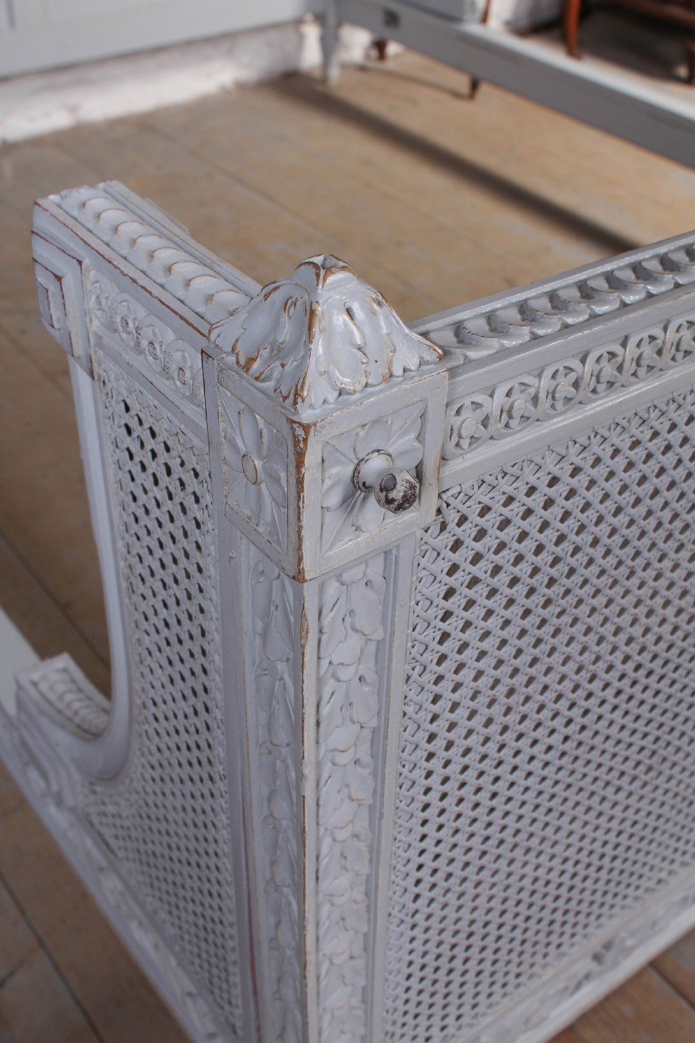 Gorgeous painted carved and caned French king size bergere bed View XII