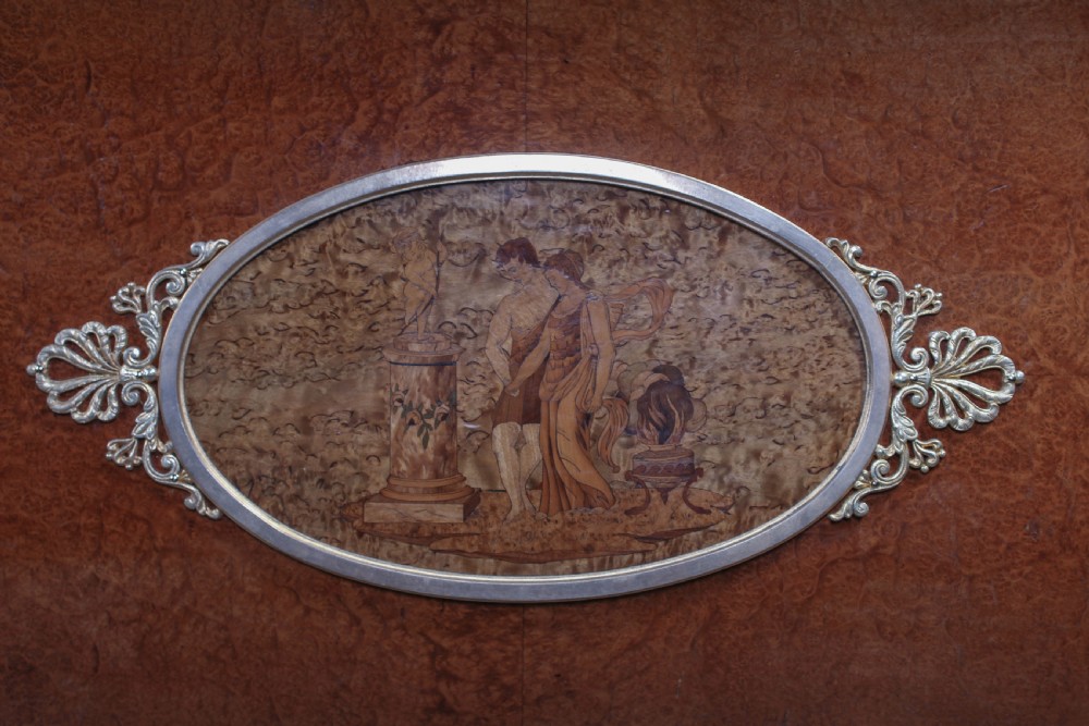 Burr elm 1920s king size bed with very pretty Mother of pearl inlay decoration in head board . View III