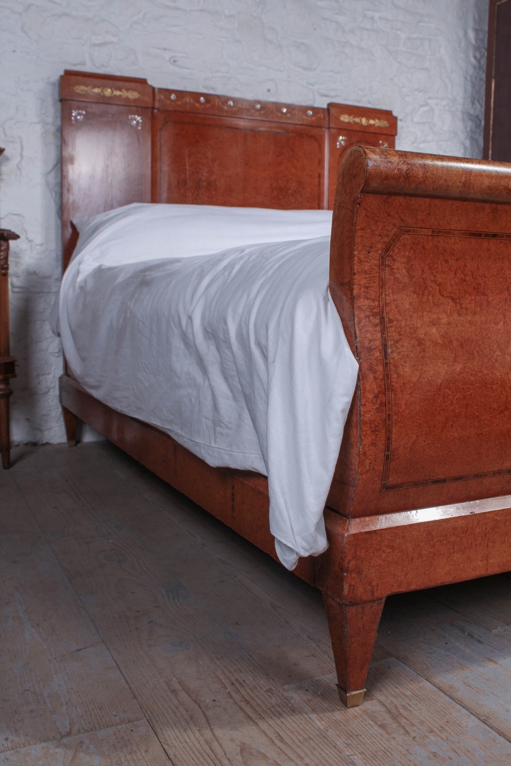 Burr elm 1920s king size bed with very pretty Mother of pearl inlay decoration in head board . View V