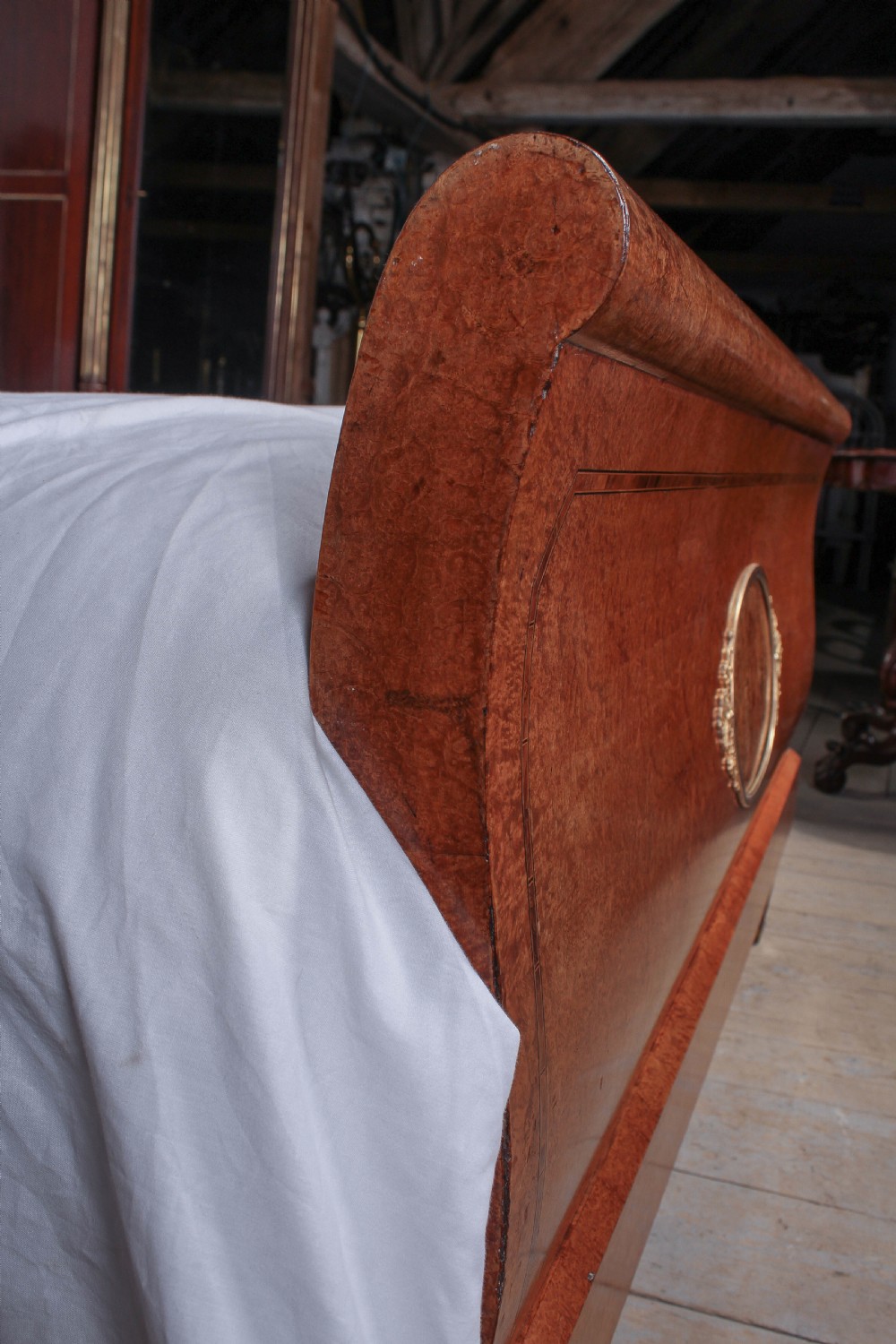 Burr elm 1920s king size bed with very pretty Mother of pearl inlay decoration in head board . View VI