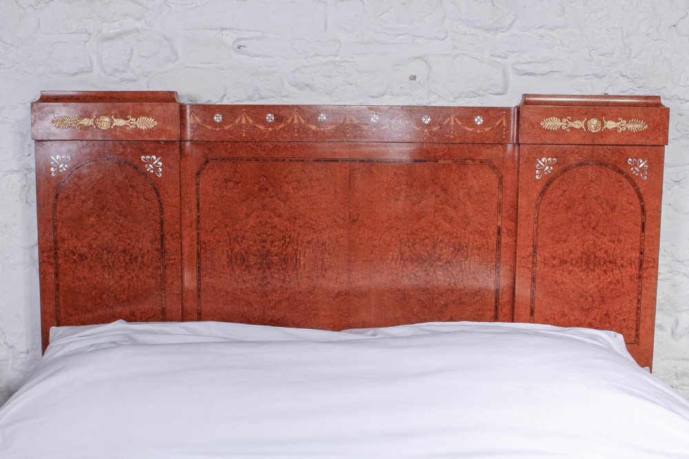 Burr elm 1920s king size bed with very pretty Mother of pearl inlay decoration in head board . View VII