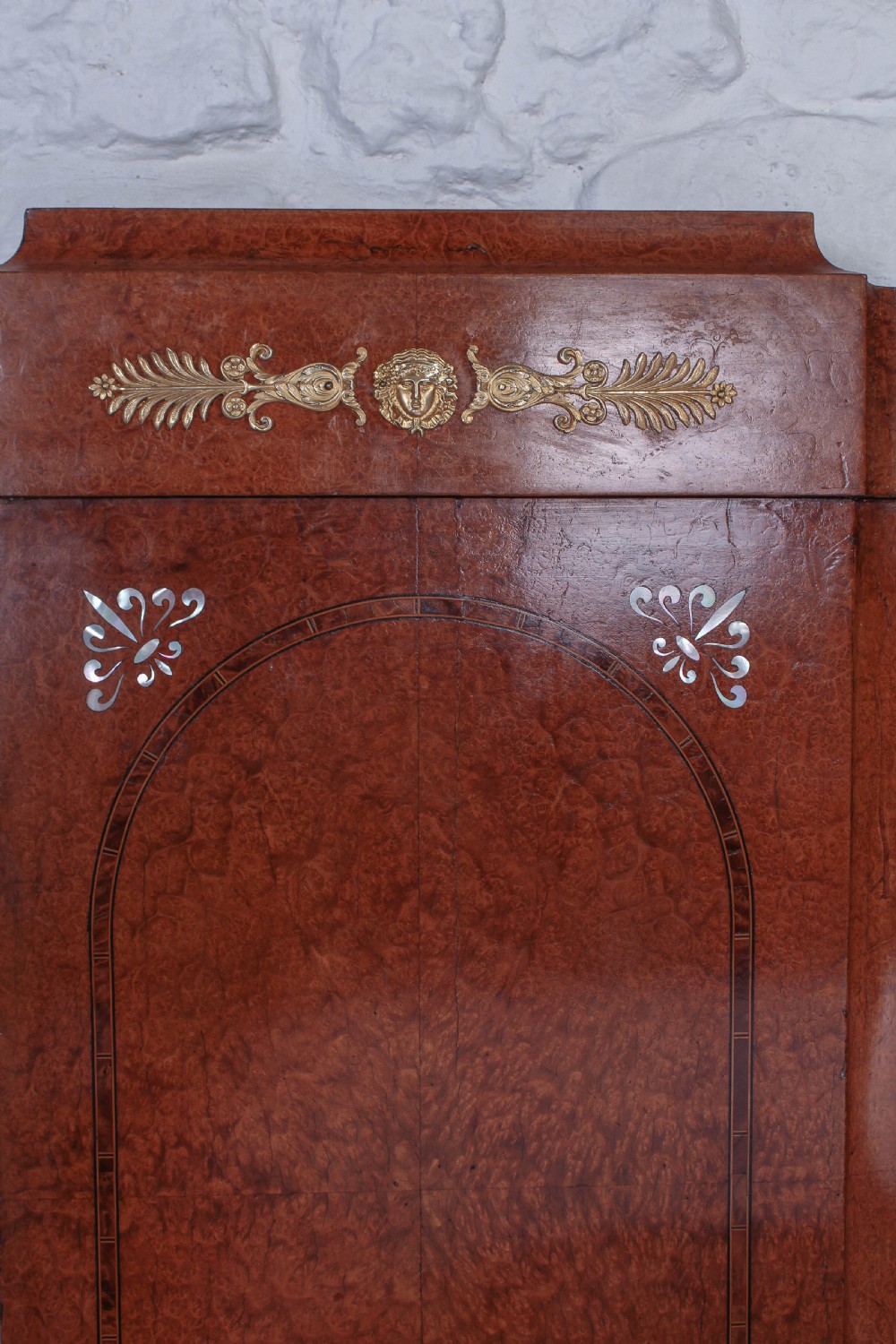 Burr elm 1920s king size bed with very pretty Mother of pearl inlay decoration in head board . View VIII