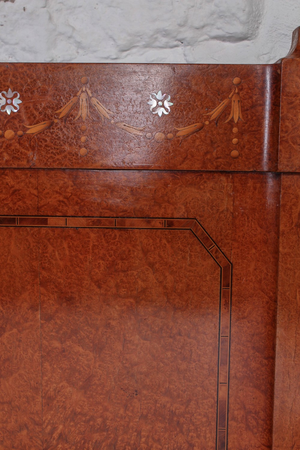 Burr elm 1920s king size bed with very pretty Mother of pearl inlay decoration in head board . View IX