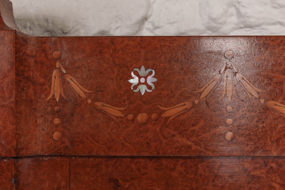 Burr elm 1920s king size bed with very pretty Mother of pearl inlay decoration in head board . View X