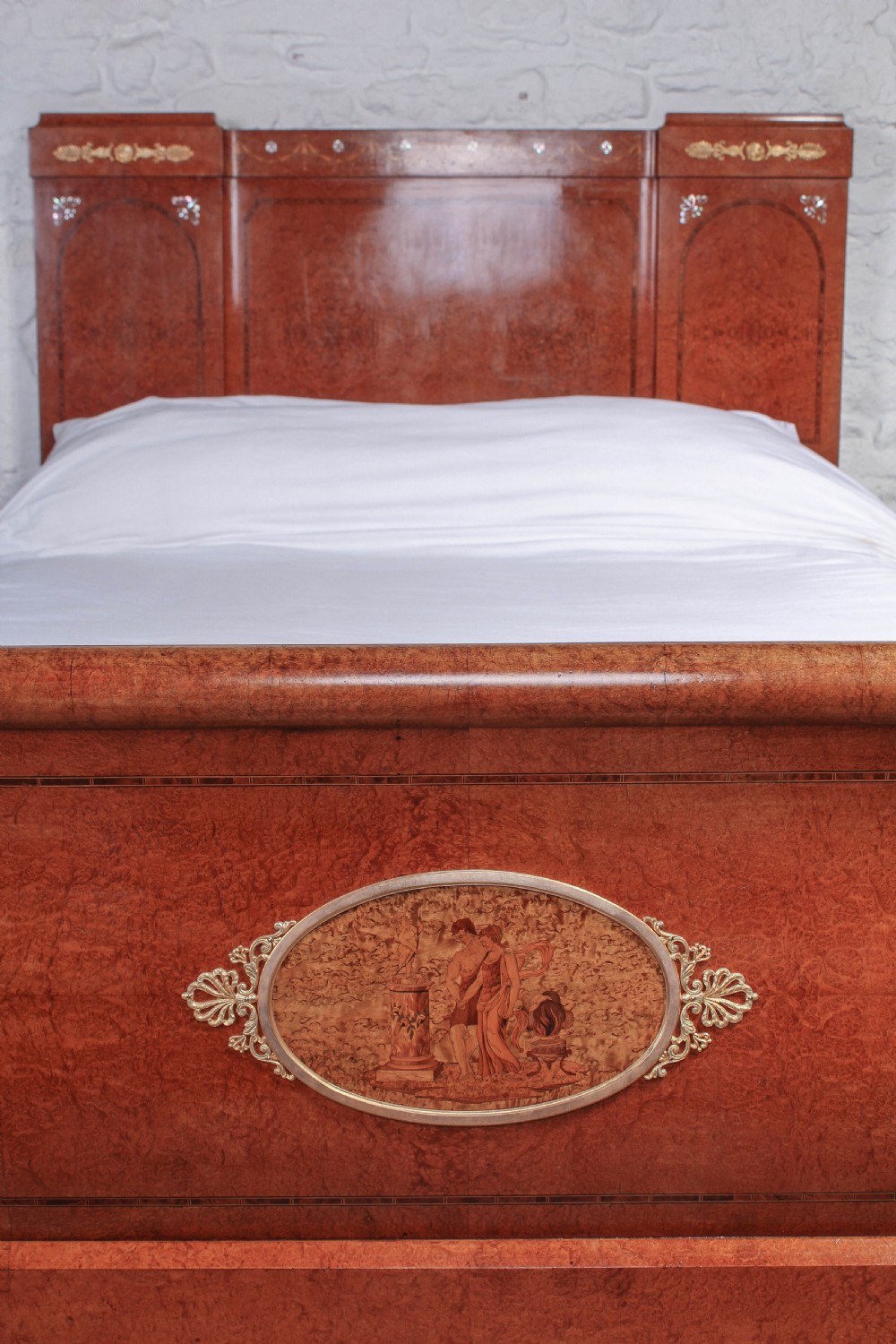 Burr elm 1920s king size bed with very pretty Mother of pearl inlay decoration in head board . View XI