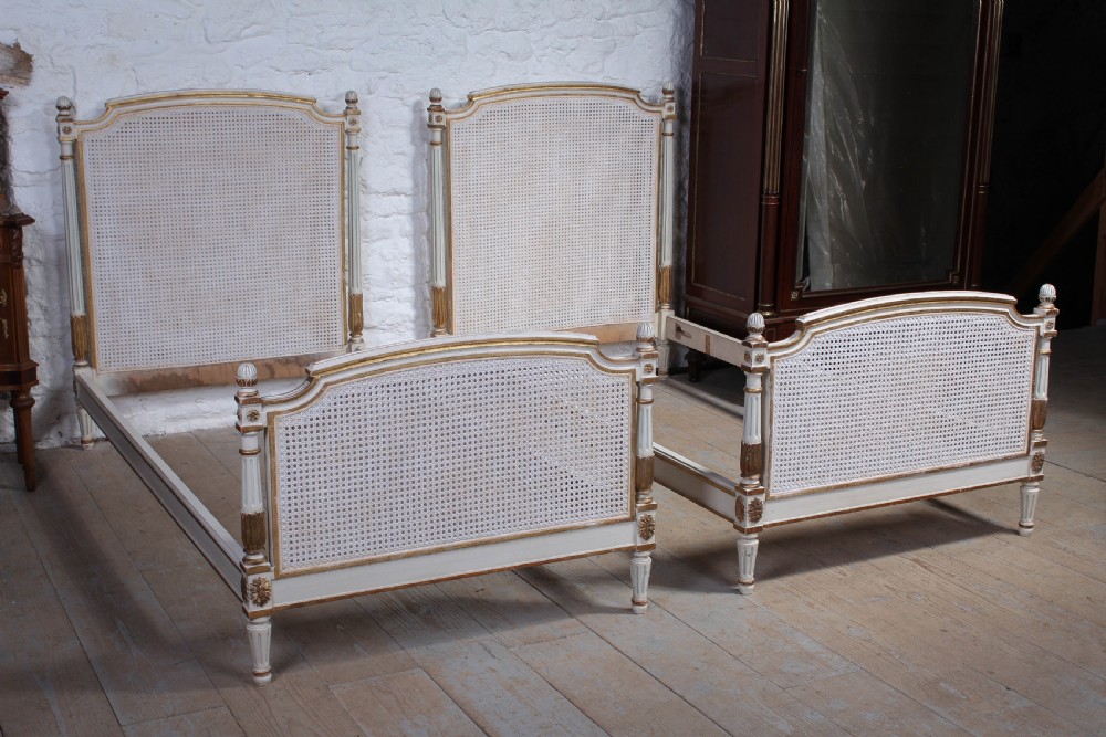 Very pretty pair of French painted caned bergere beds View II