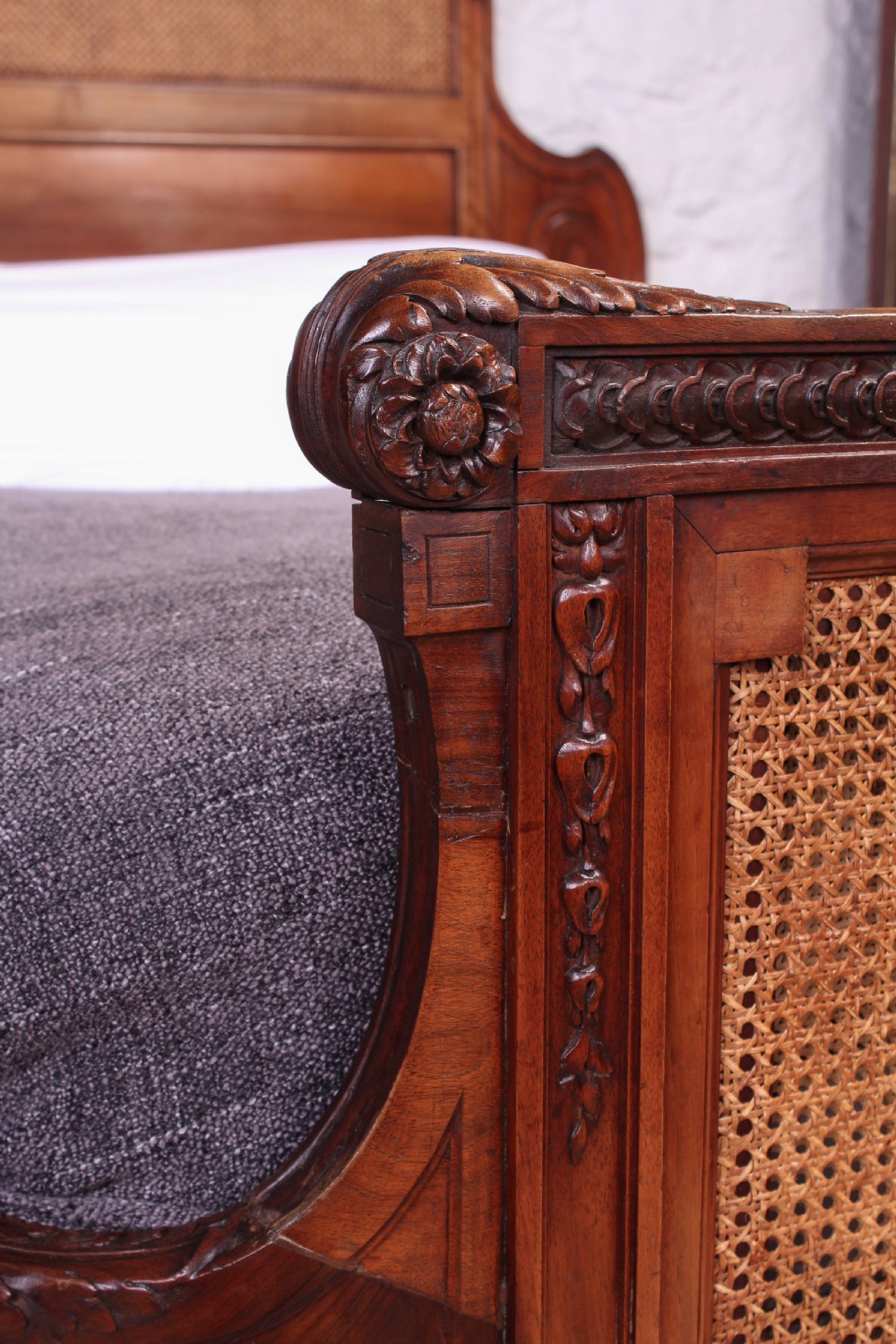 Handsome rare carved walnut and Bergere caned 5Ft French king size bed  View III