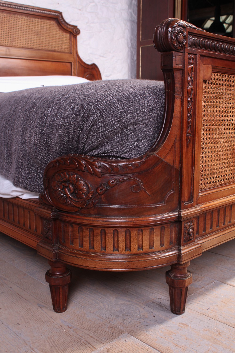 Handsome rare carved walnut and Bergere caned 5Ft French king size bed  View IV