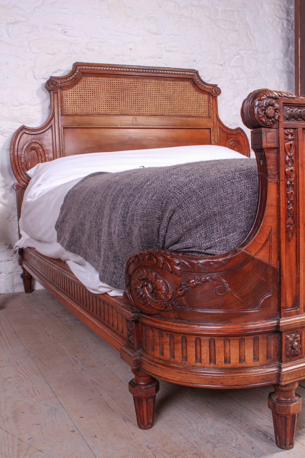 Handsome rare carved walnut and Bergere caned 5Ft French king size bed  View V
