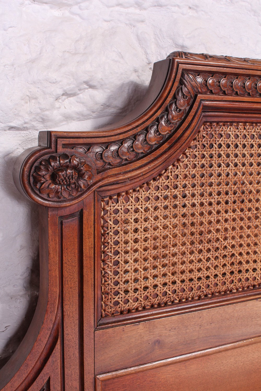 Handsome rare carved walnut and Bergere caned 5Ft French king size bed  View VIII