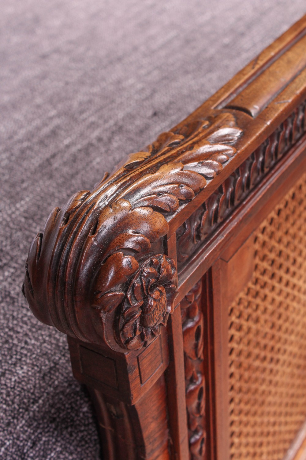 Handsome rare carved walnut and Bergere caned 5Ft French king size bed  View X