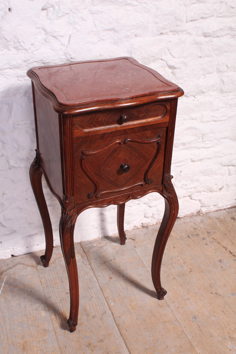 Louis XV style Rosewood quarter veneer beside cabinet View III