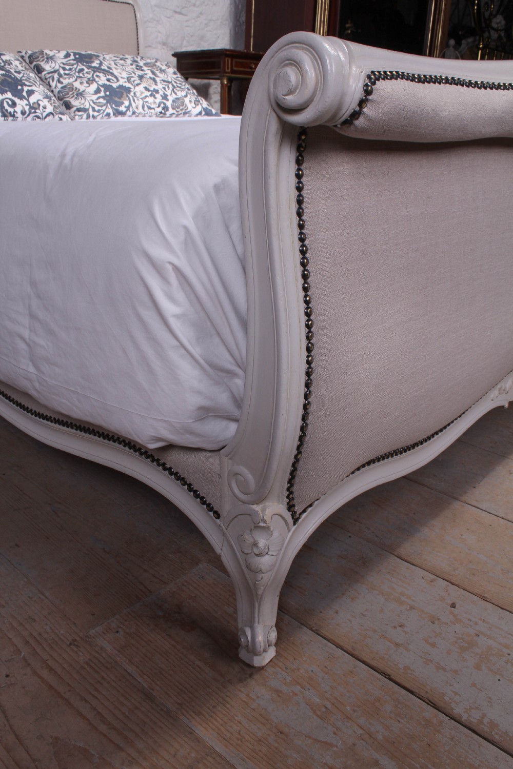 Louis XV style roll top newly upholstered and painted King size bed View III