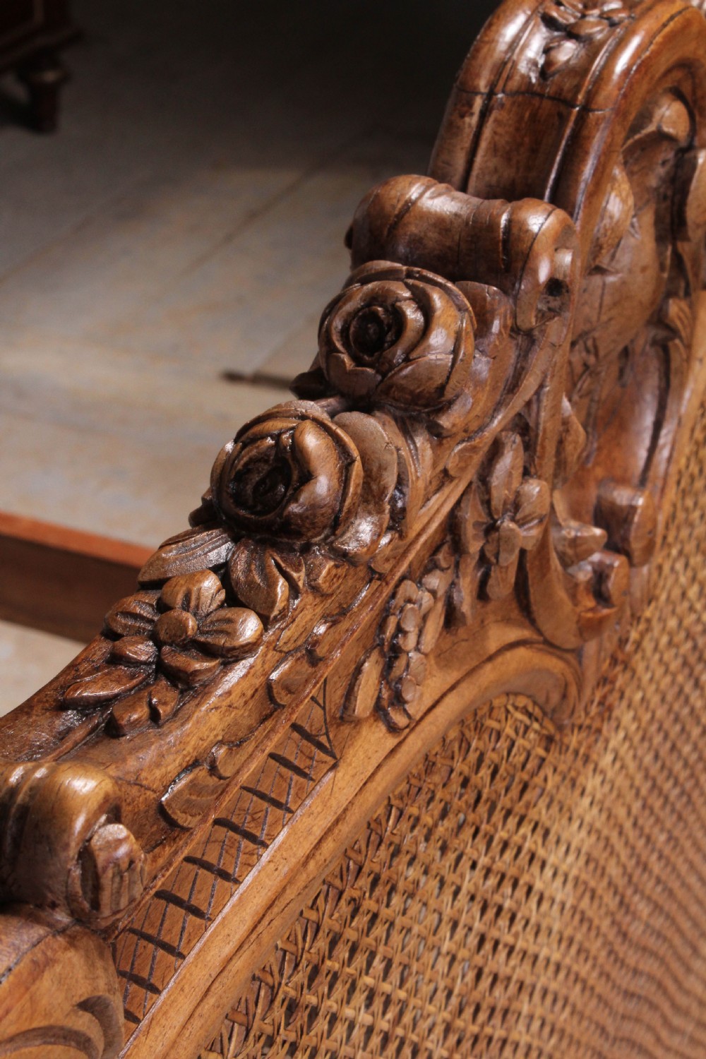 French Elaborately carved good quality caned  European king size bed View VI