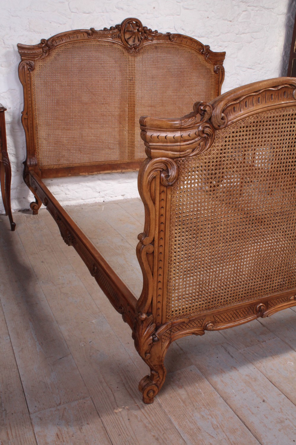 French Elaborately carved good quality caned  European king size bed View VIII
