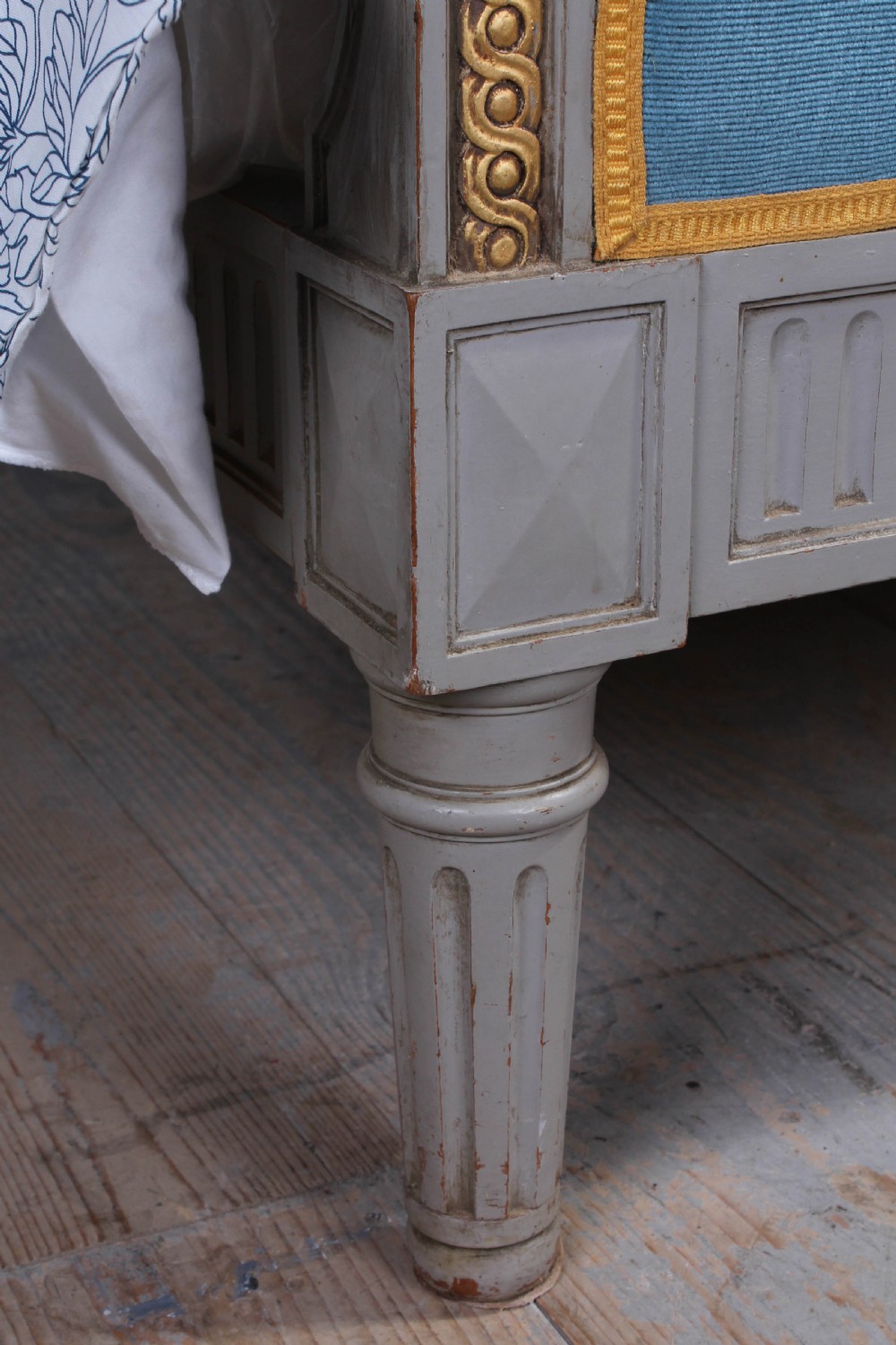 Attractive French upholstered king size bed with original gilded paint View V