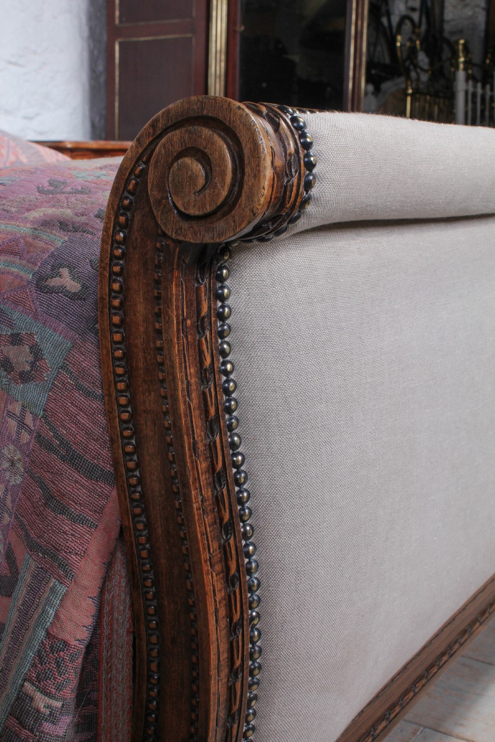 Elegant French oak upholstered king size sleigh bed View III