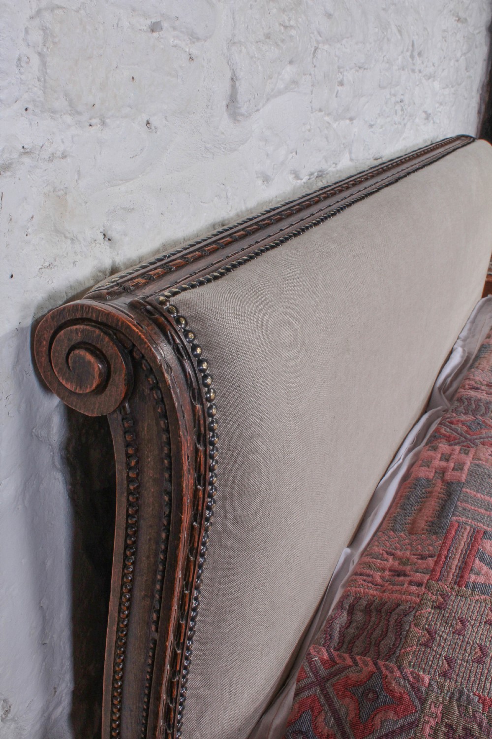Elegant French oak upholstered king size sleigh bed View VII