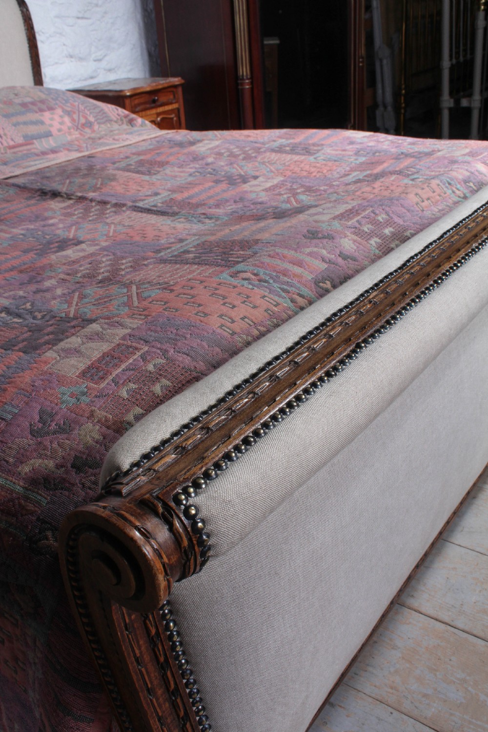 Elegant French oak upholstered king size sleigh bed View VIII