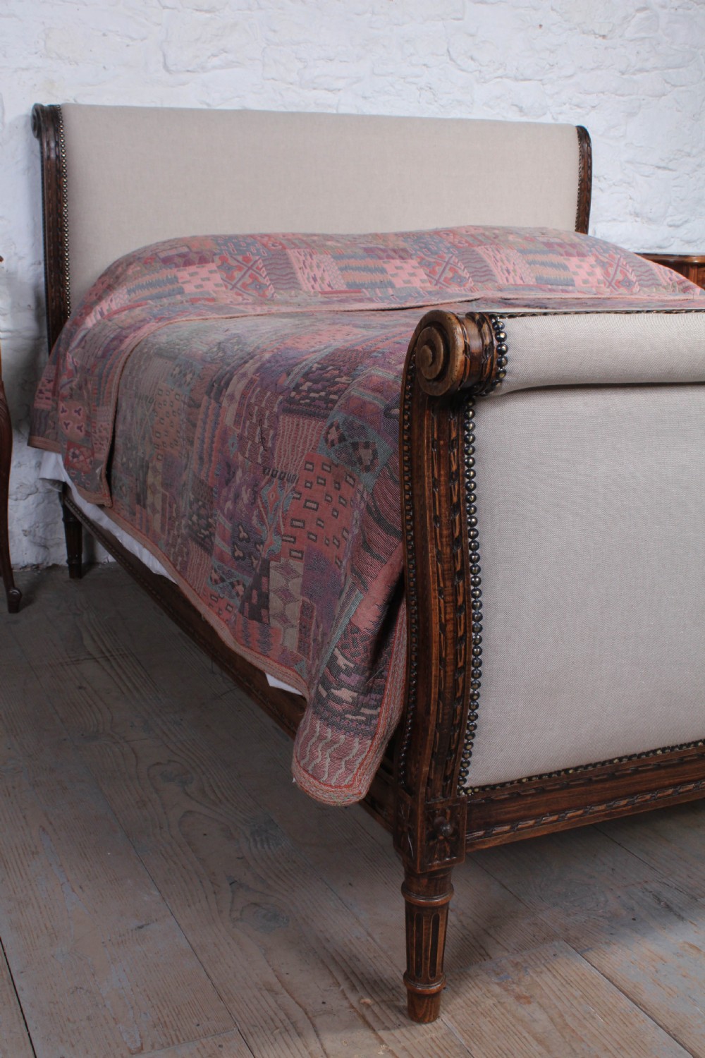Elegant French oak upholstered king size sleigh bed View X