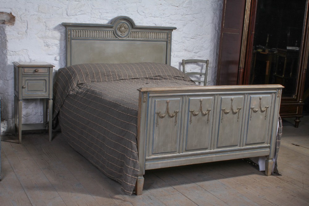 Lovely original painted French queen size bed,bedside and chairs