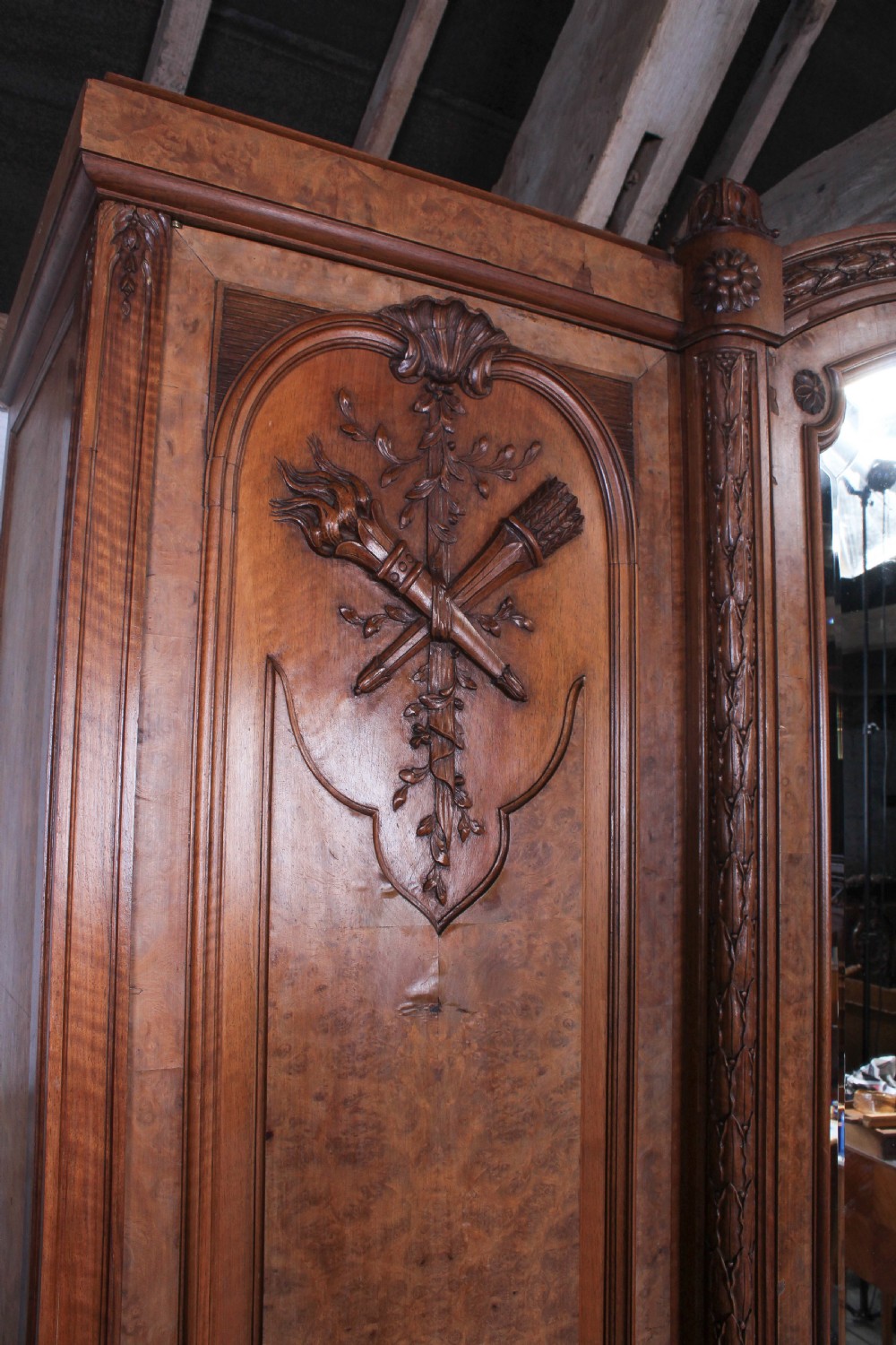 Three door burr walnut armoire View III
