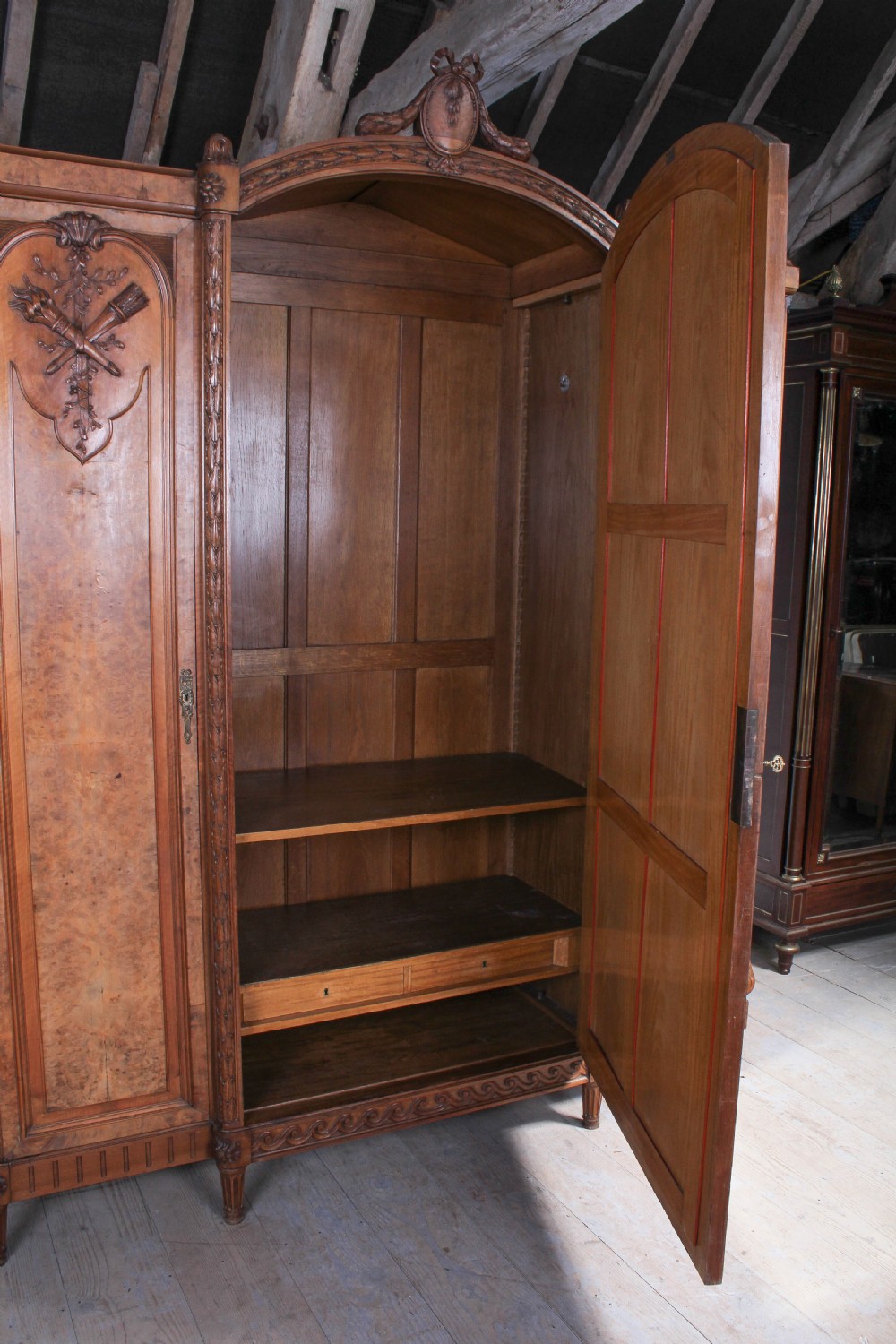Three door burr walnut armoire View IX