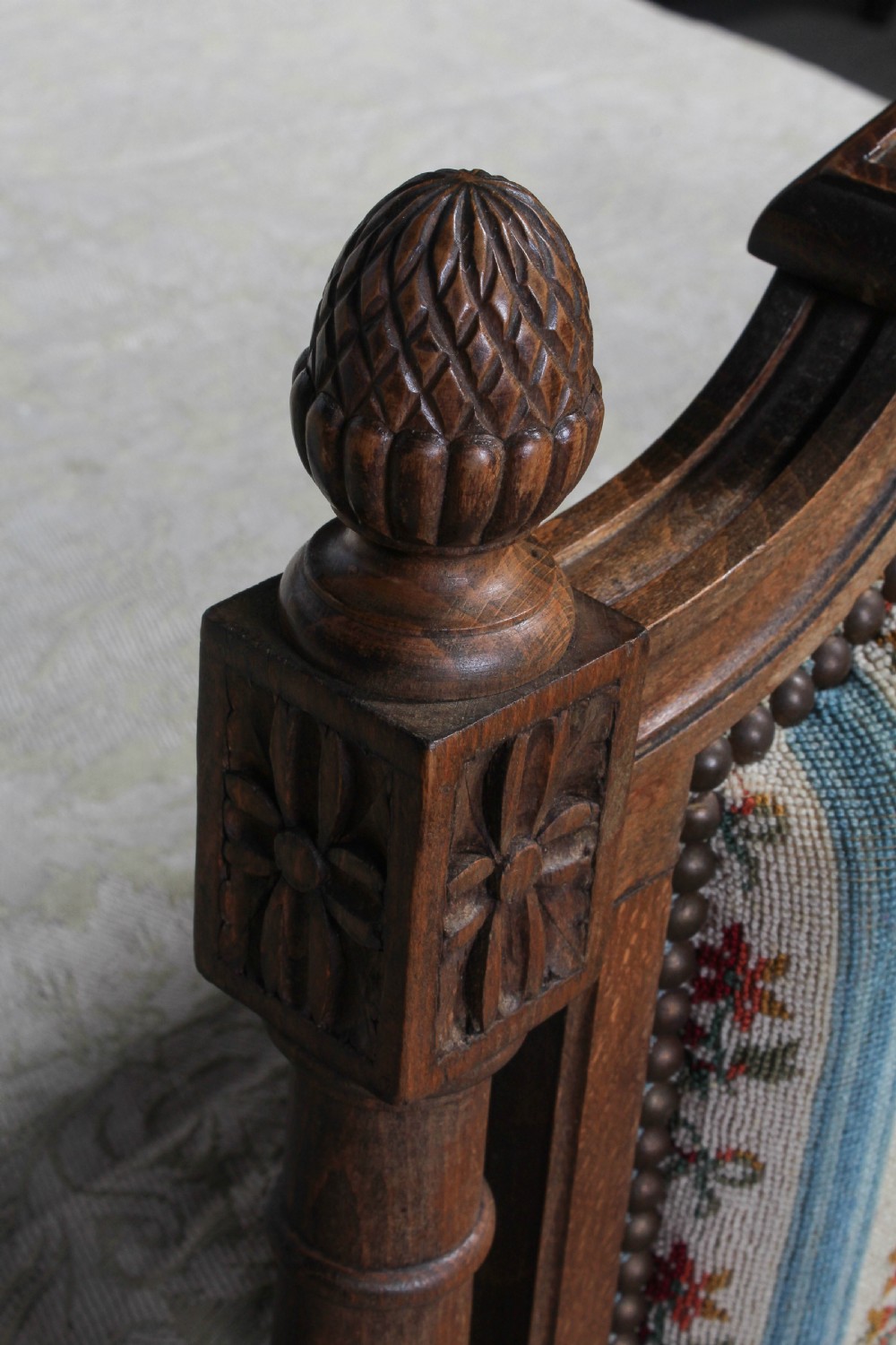 Pair of French carved oak upholstered single beds View IV