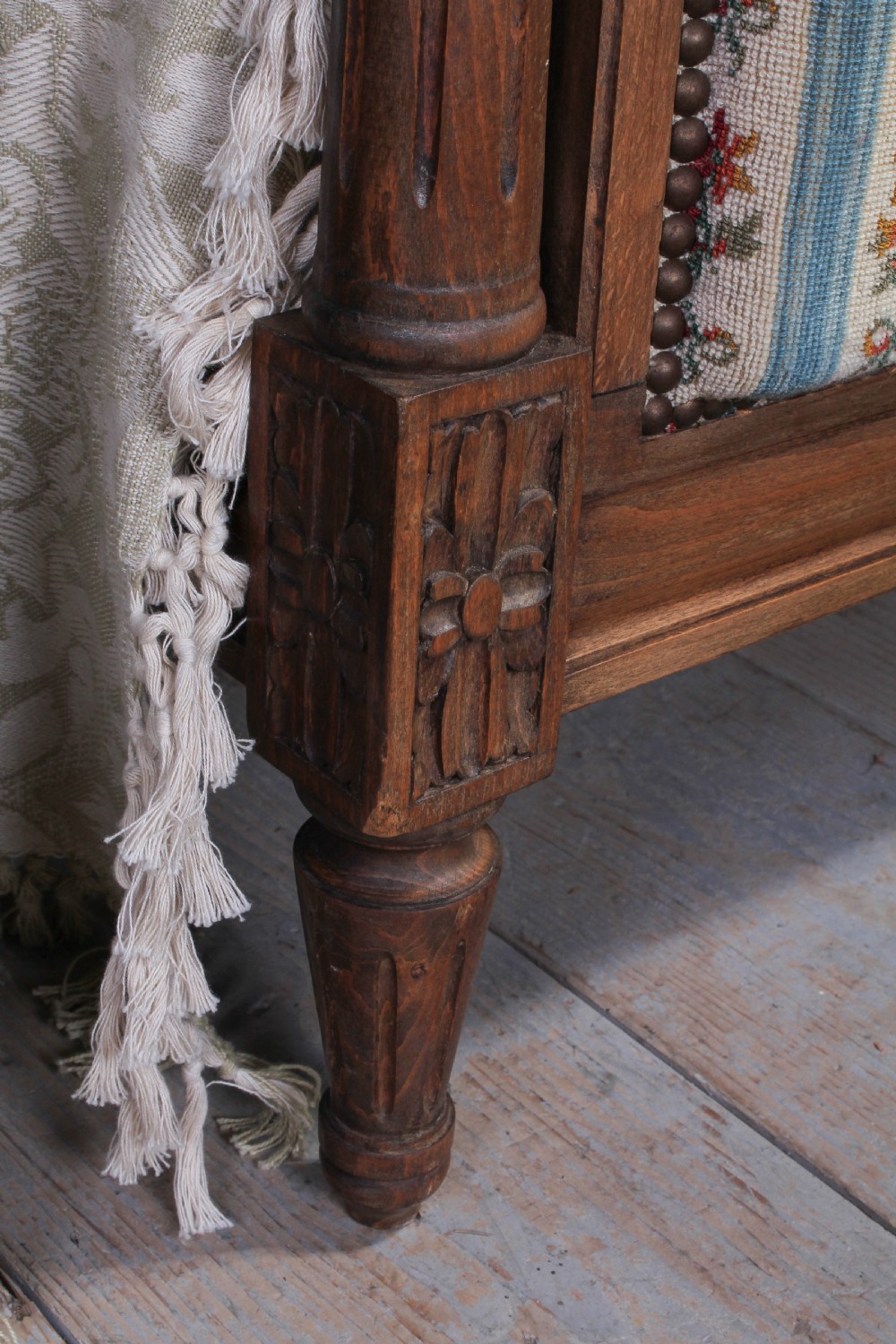 Pair of French carved oak upholstered single beds View V