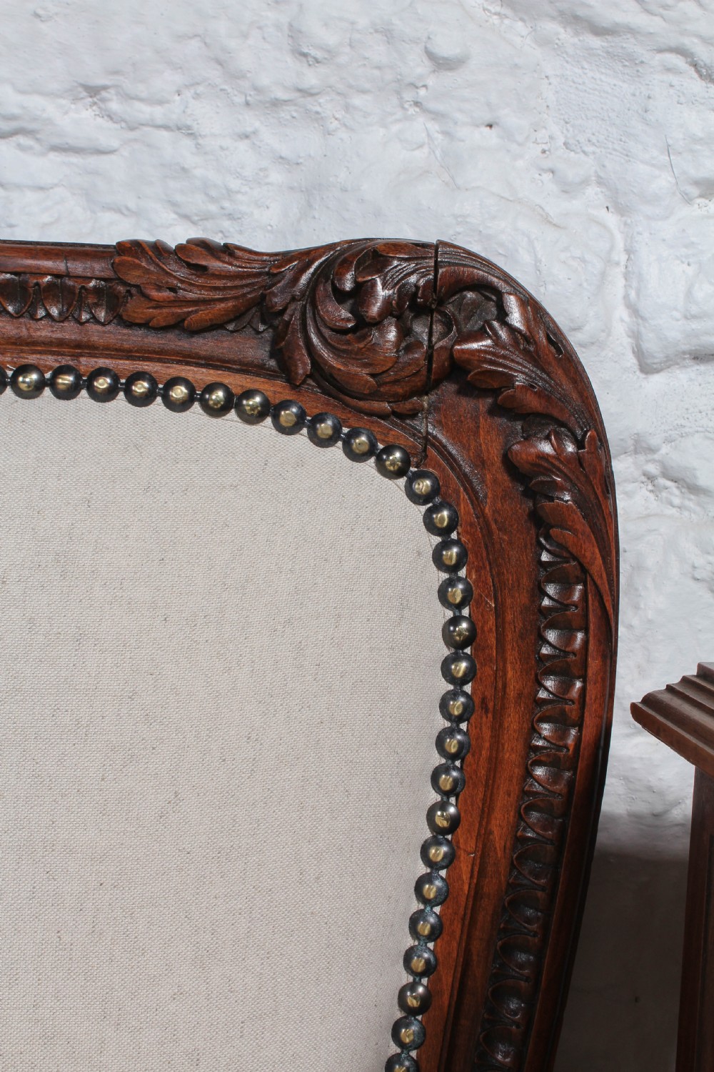 Carved oak frame newly upholstered European king size bed View V