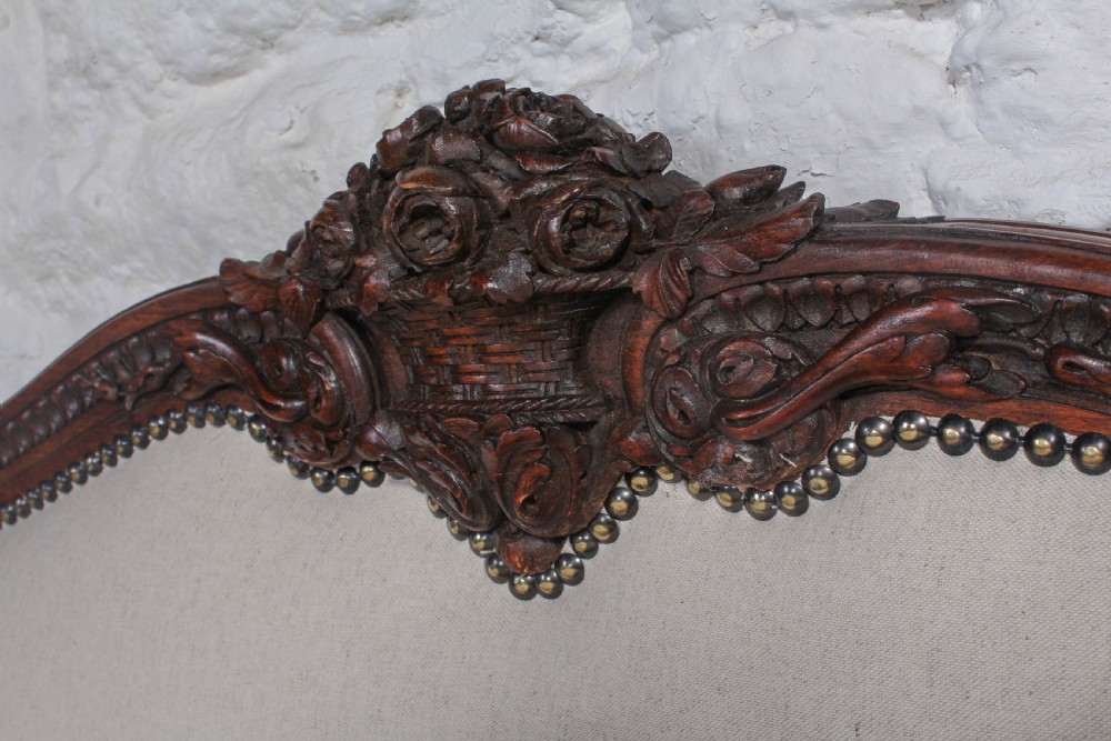 Carved oak frame newly upholstered European king size bed View VI