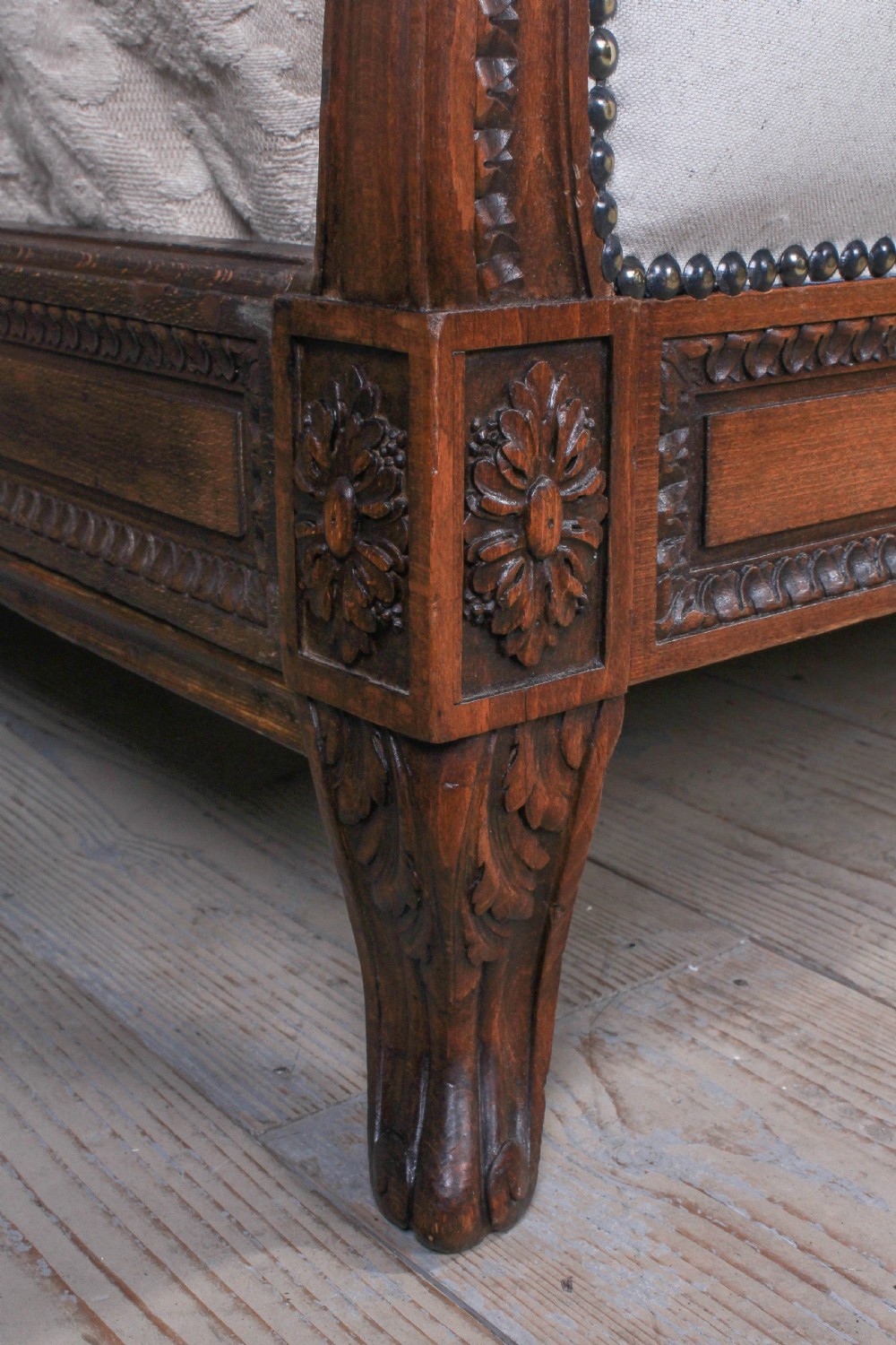 Carved oak frame newly upholstered European king size bed View VII