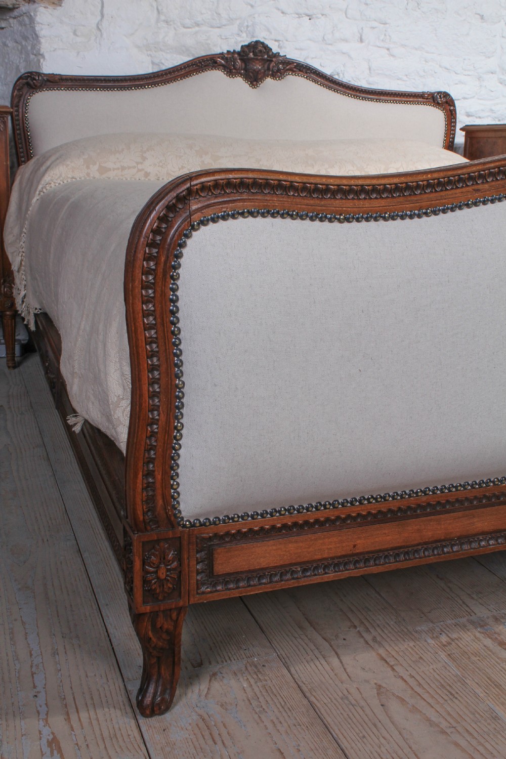 Carved oak frame newly upholstered European king size bed View VIII