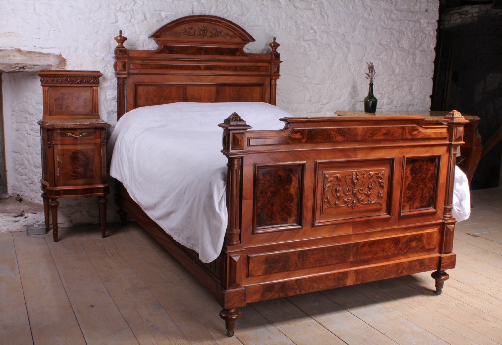 Top quality Henri II  style burr walnut and mahogany double bed