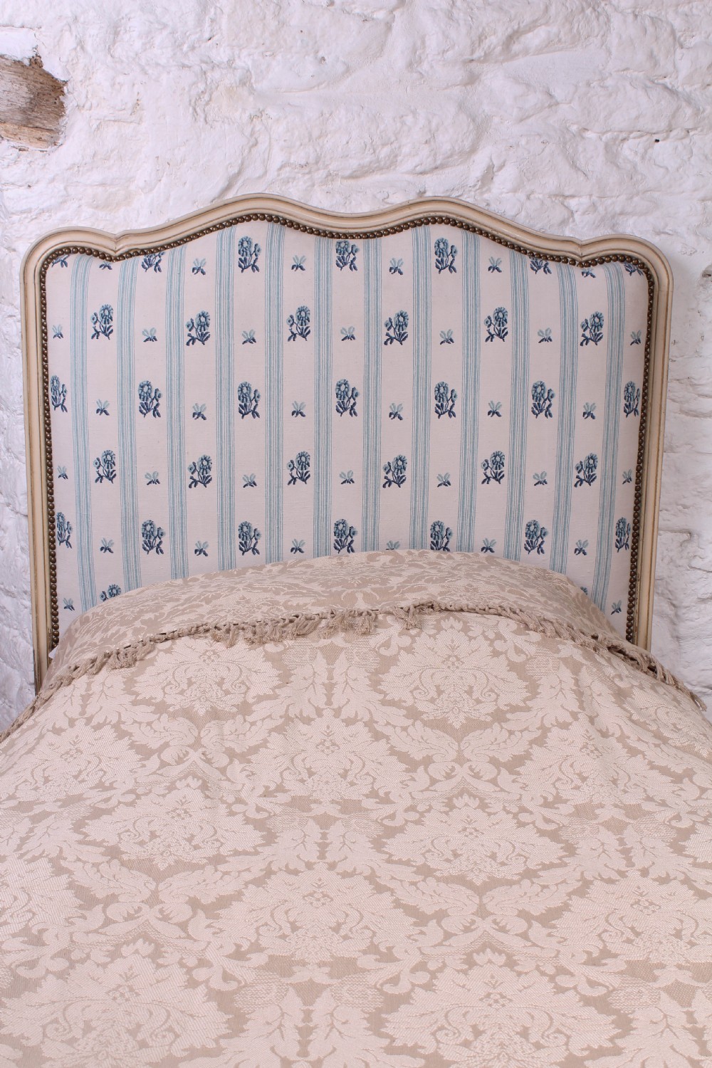 Pair of pretty French low end single upholstered beds View IV