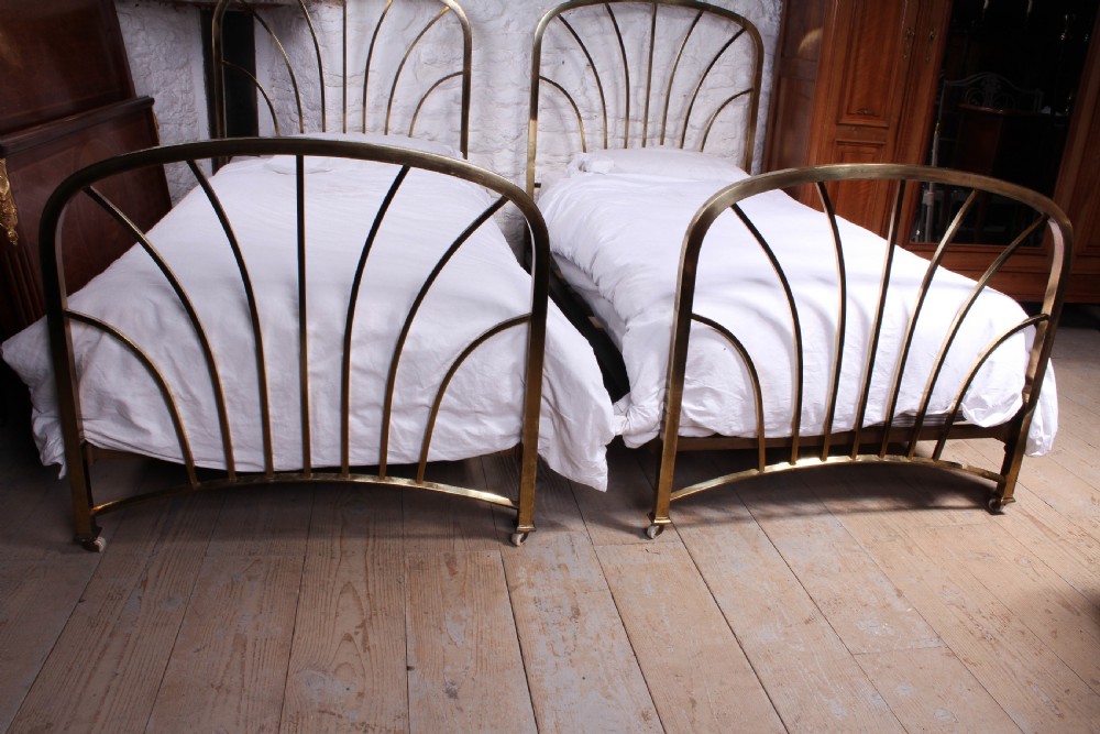 Fabulous pair of Art Deco style all brass meter wide single beds View V