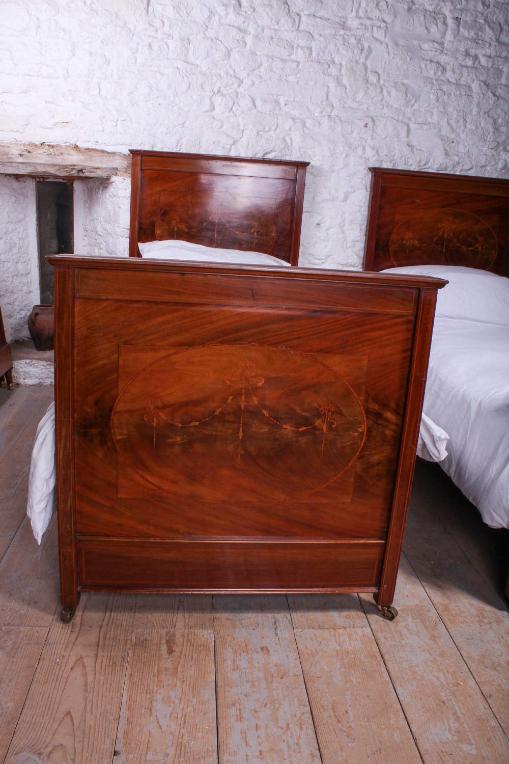 Lovely pair of walnut single beds with inlay detail View III