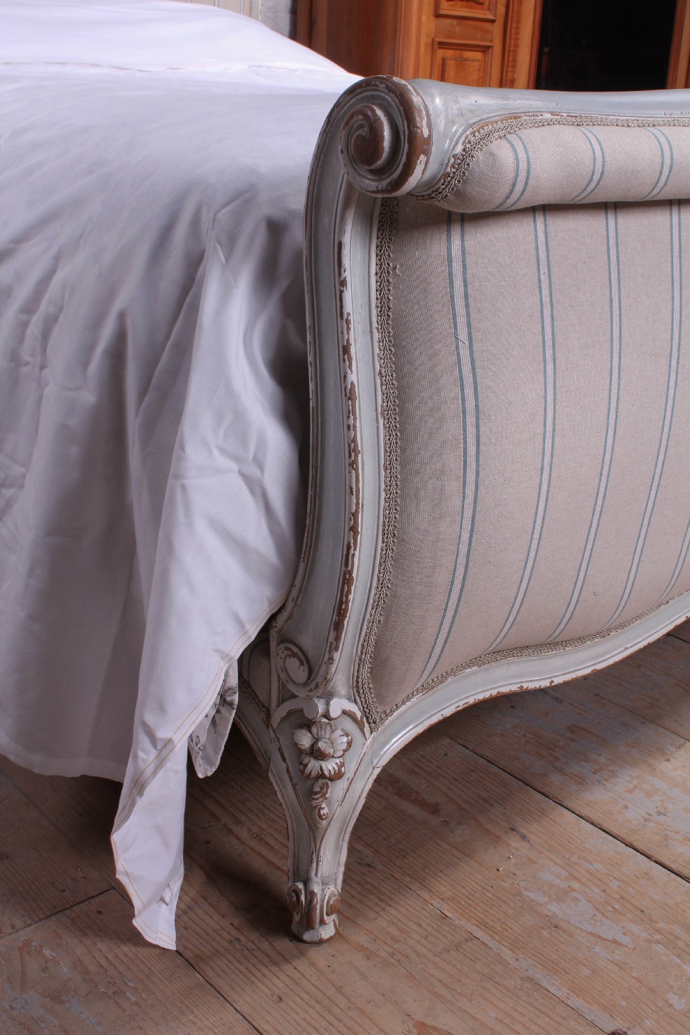 Newly upholstered Lit bateau style king size bed View II
