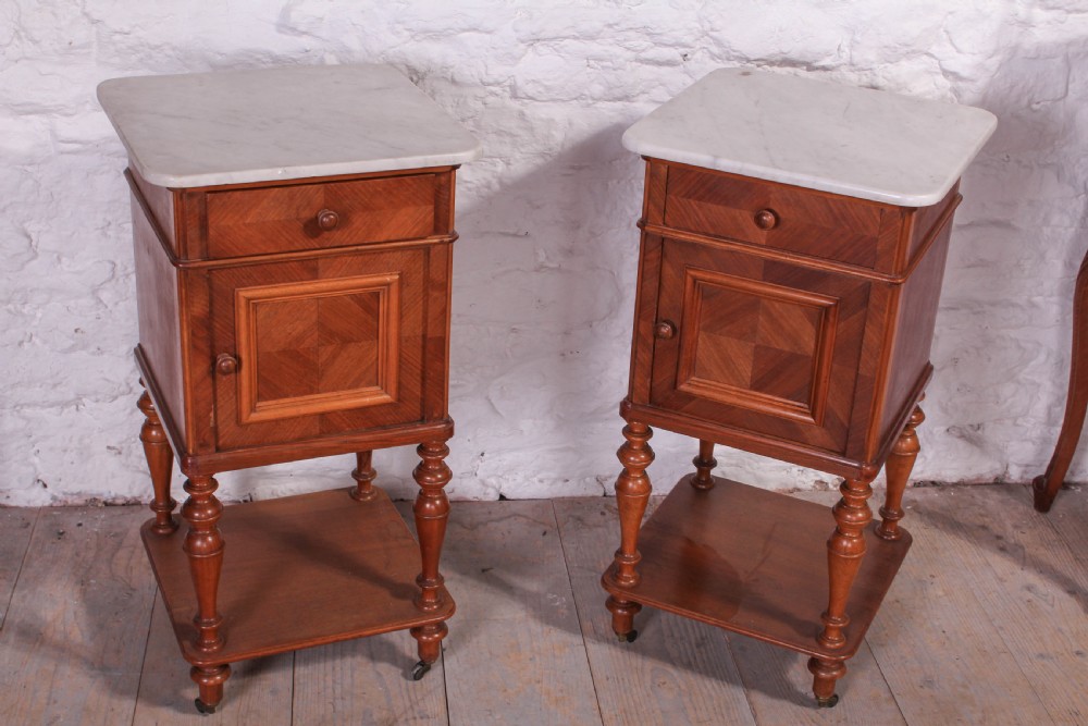 Pair of marble top walnut quarter veneer bedsides View II