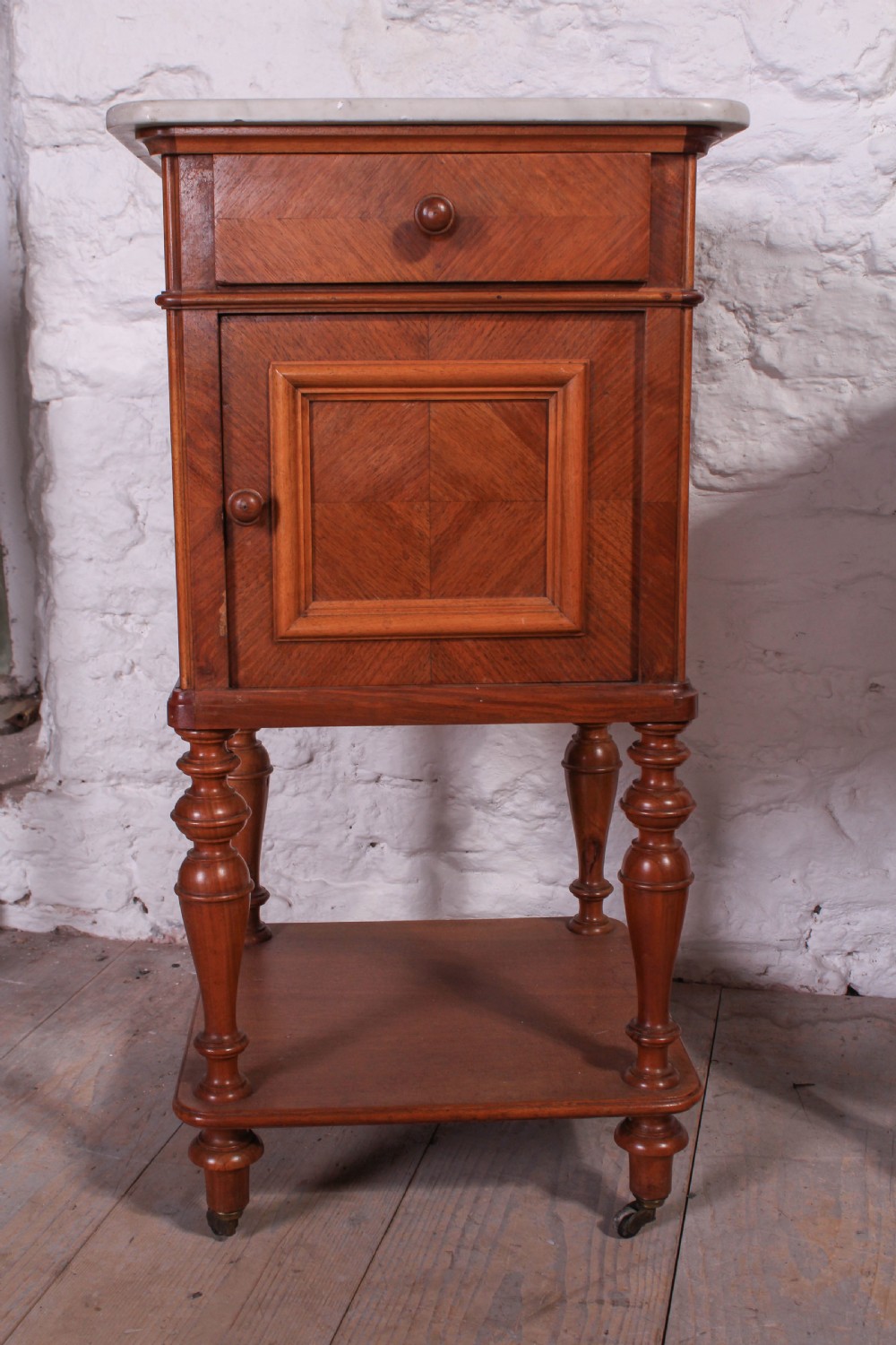Pair of marble top walnut quarter veneer bedsides View III
